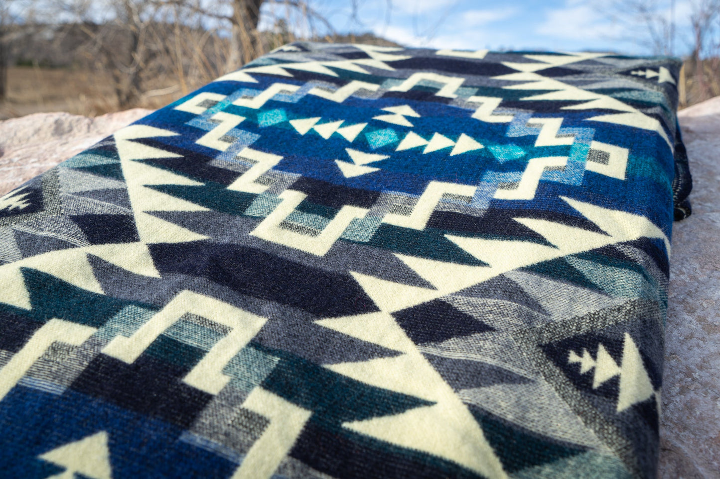 Alpaca Wool Reversible Blanket - Blue Chakana 90" x 78” - Sumiye Co