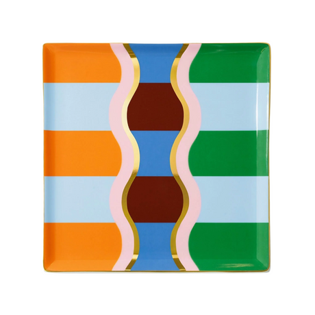 Rectangular plate with colorful abstract design on a white background