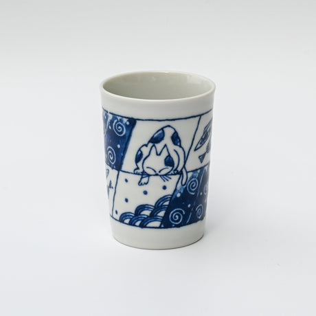 The Adorable Cat 1 Tea Cup, a 180ml Mino-ware from Gifu Prefecture, boasts blue geometric patterns and a charming stylized animal design, ideal for cat tea cup fans.