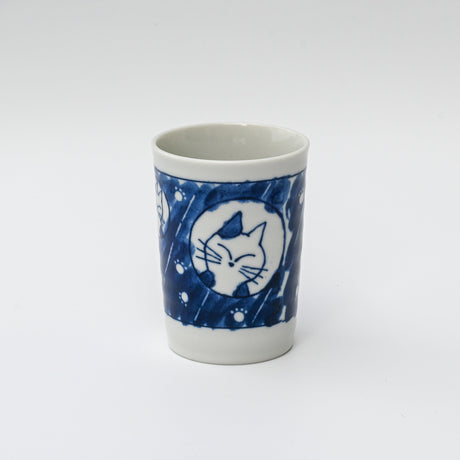 Adorable Cat 4 Tea Cup, Blue & White Mino-Ware, 180ml (6oz.)