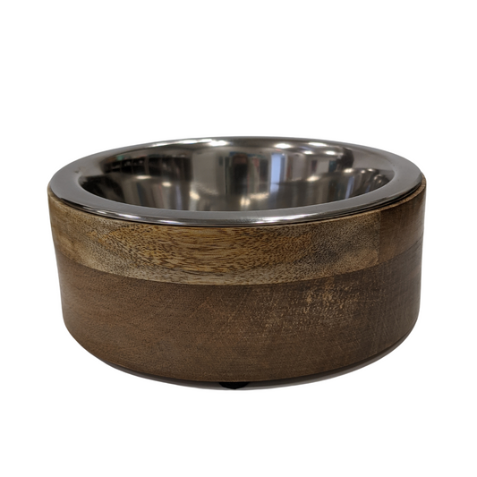 Stainless Steel Dog Bowl with Cylindrical Mango Wood Holder-0