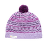 Purple knit beanie with a pom-pom on a white background