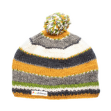 Colorful striped beanie with pom-pom on a white background
