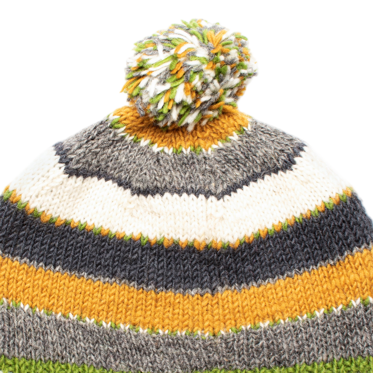 Knitted hat with striped pattern and pom-pom on a white background