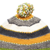 Knitted hat with striped pattern and pom-pom on a white background