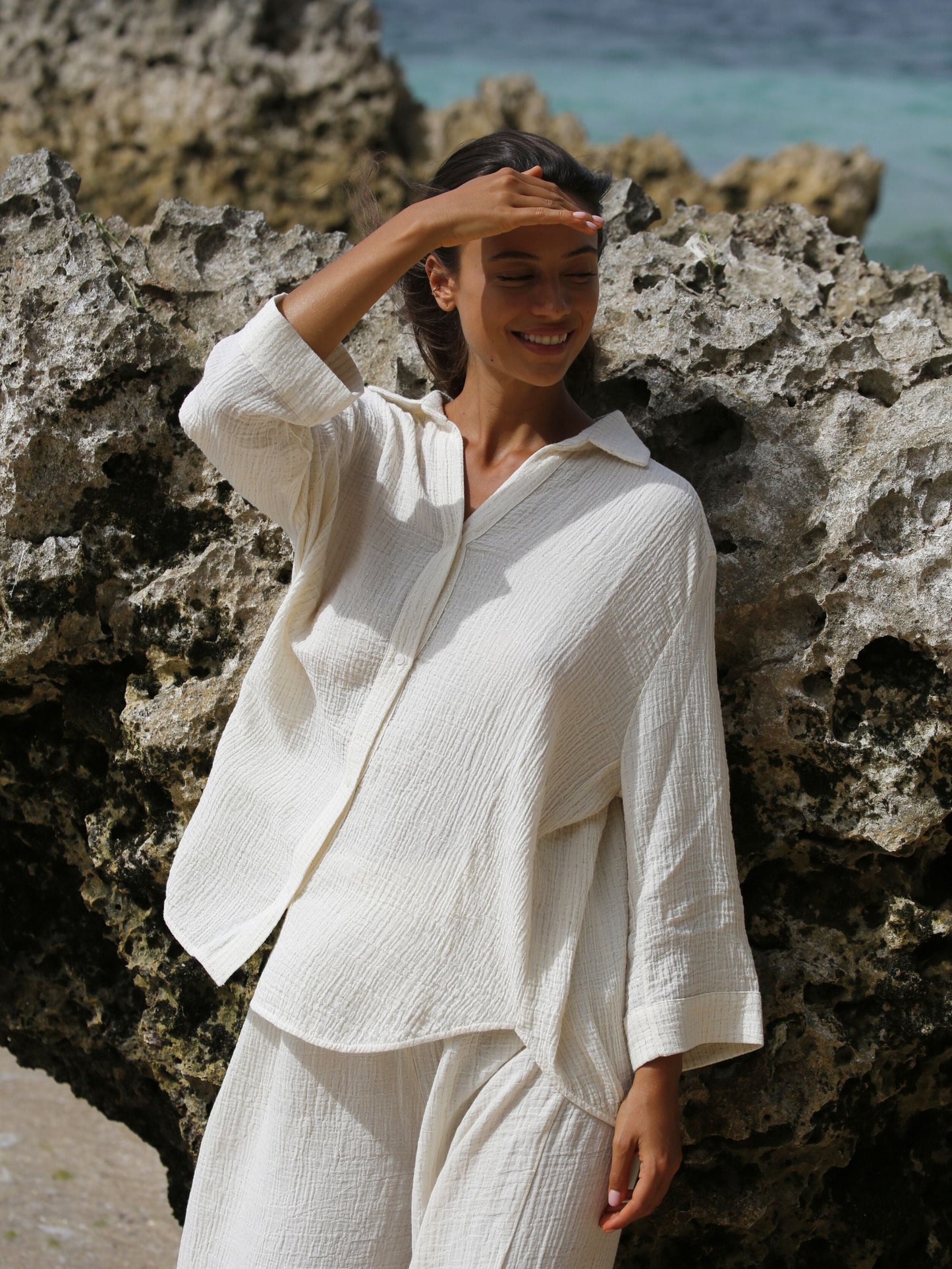 Echo Maxi Shirt - Natural With Gold Stripes by The Handloom