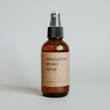 Eucalyptus shower spray bottle with a label on a white background