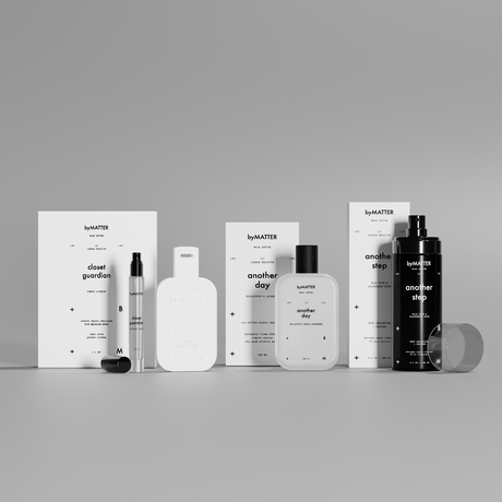 This image features a collection of bio-active fabric care products designed to protect and maintain clothing. The products displayed include "Closet Guardian," a moth repellent; "Another Day," a fabric freshener; and "Another Step," a shoe deodorizer.