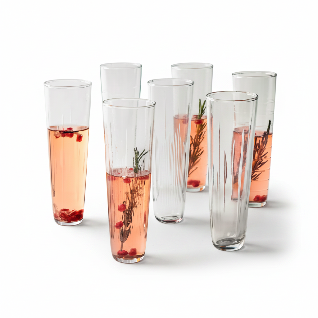 Set of six tall glasses with pink beverages and garnishes on a white background