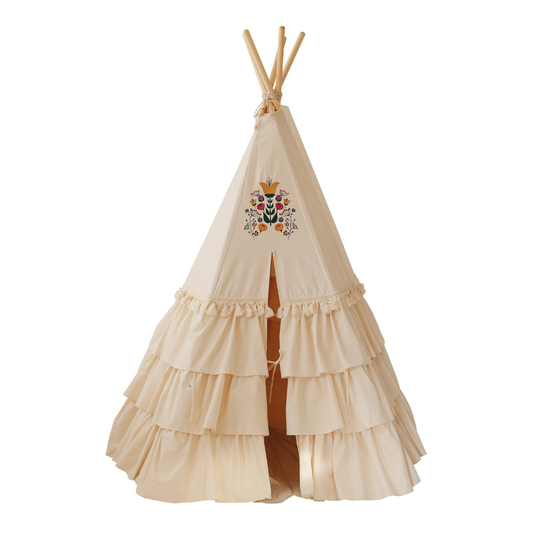 Teepee Tent "Folk" with Frills and "Marsala" Shell Mat Set