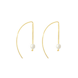 Gold earrings with pearl drops on a white background