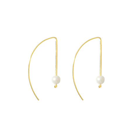 Gold earrings with pearl drops on a white background