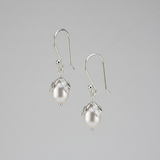 Pair of pearl earrings on a gray background