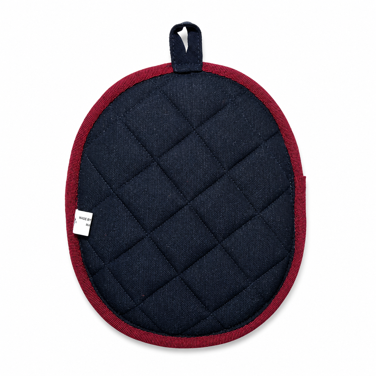 Black quilted pot holder with red rim and handle on a white background