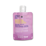 Purple pouch with text on a white background