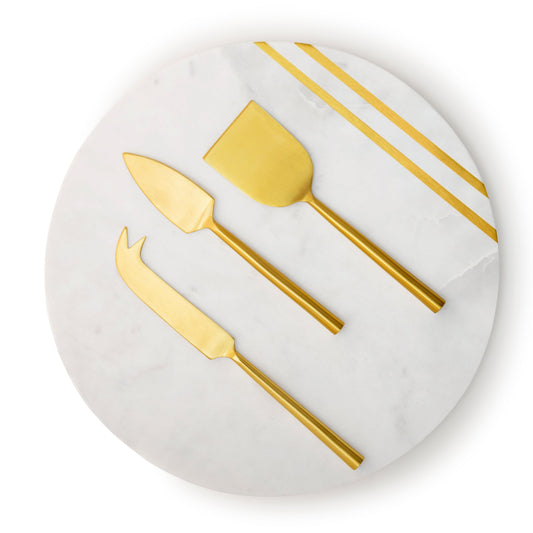 Bavaria Round Marble Cheese Board & Gold Knives 12"