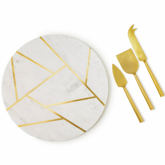 Infinia Round Marble Cheese Board & Gold Knives 12"