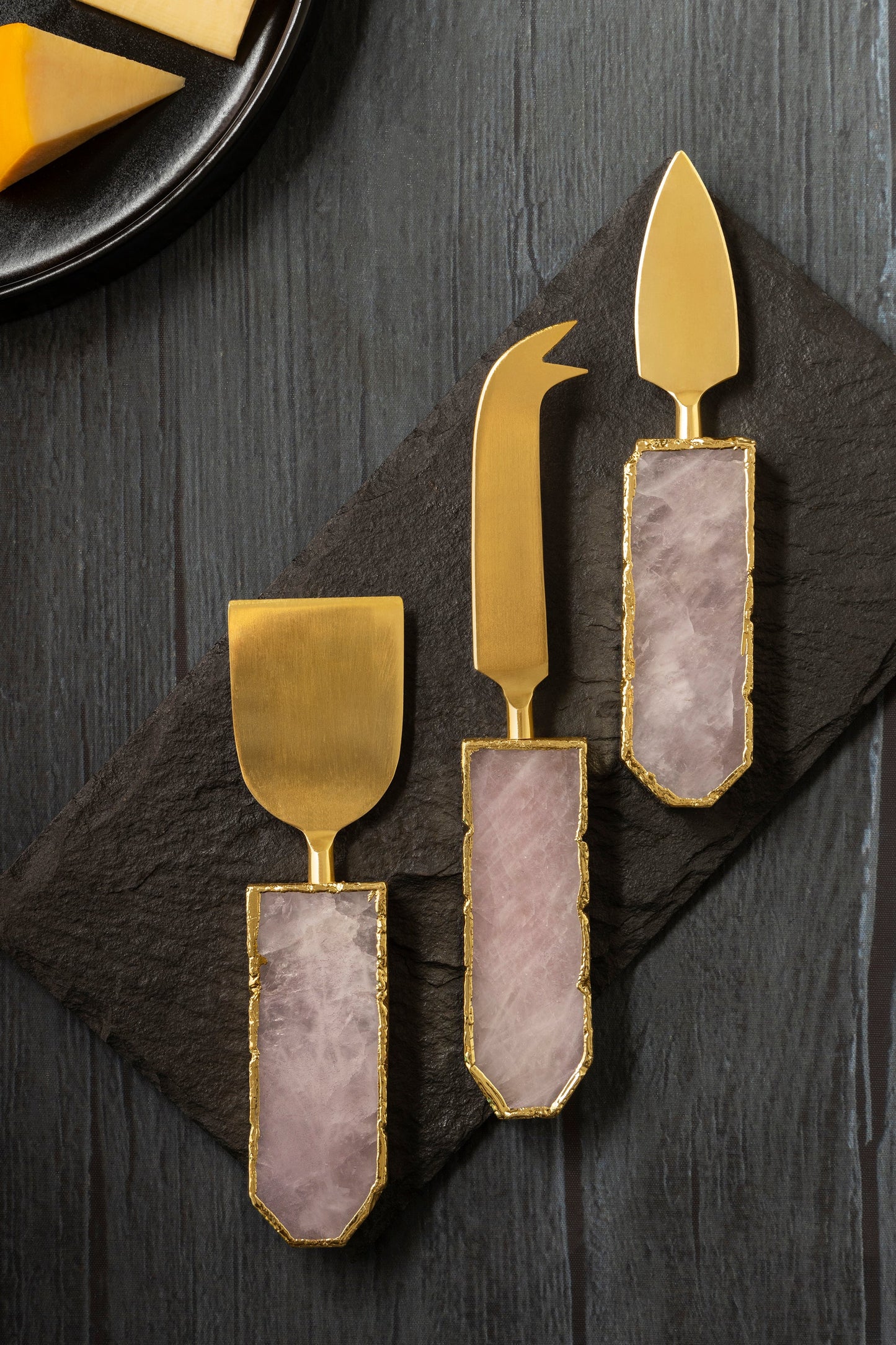 Rose Quartz Cheese Knives, Set of 3 (Pale Pink & Gold)