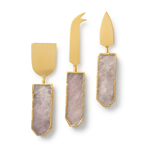 Rose Quartz Cheese Knives, Set of 3 (Pale Pink & Gold)