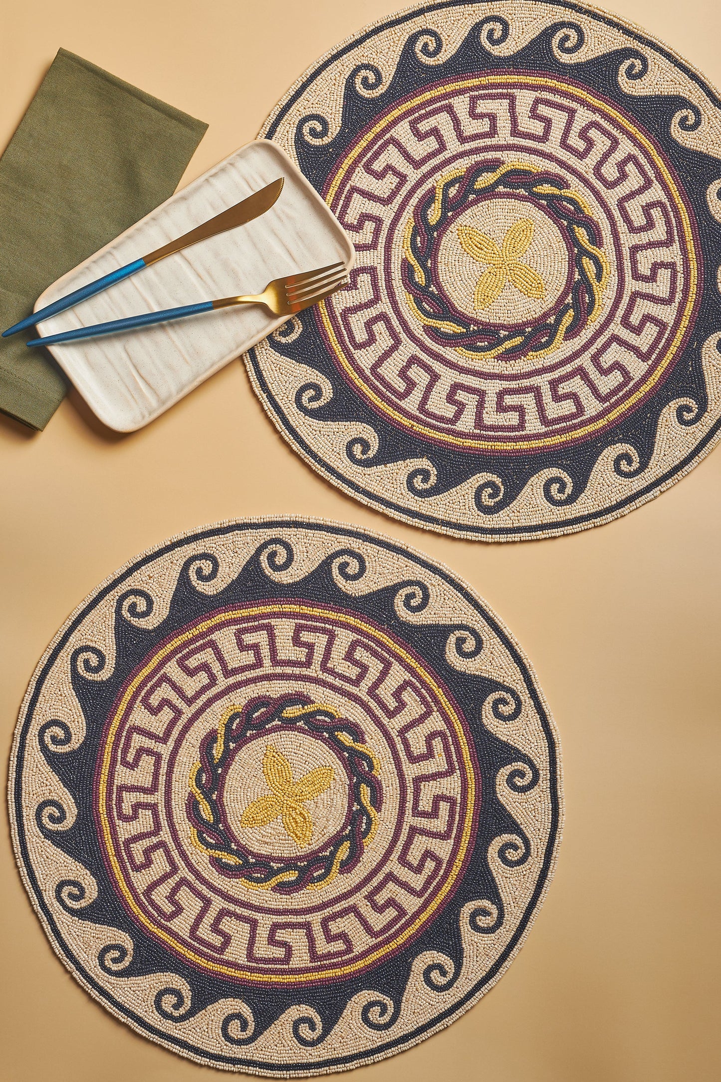 Roman Beaded  Round Placemats, Set of 2