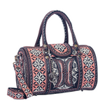 Patterned handbag with a strap on a white background