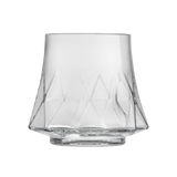 The Libbey Rock Glass Water Glass, Divergence, holds approx. 9.8 fl oz (290 ml) and features a wide faceted base with a slightly flared geometric design, crafted from durable clear glass.