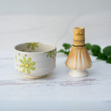 Green Flowers Ceramic Matcha Bowl, Bamboo Matcha Whisk & Whisk Holder Set - Sumiye Co