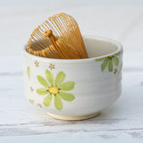 Green Flowers Ceramic Matcha Bowl, Bamboo Matcha Whisk & Whisk Holder Set - Sumiye Co