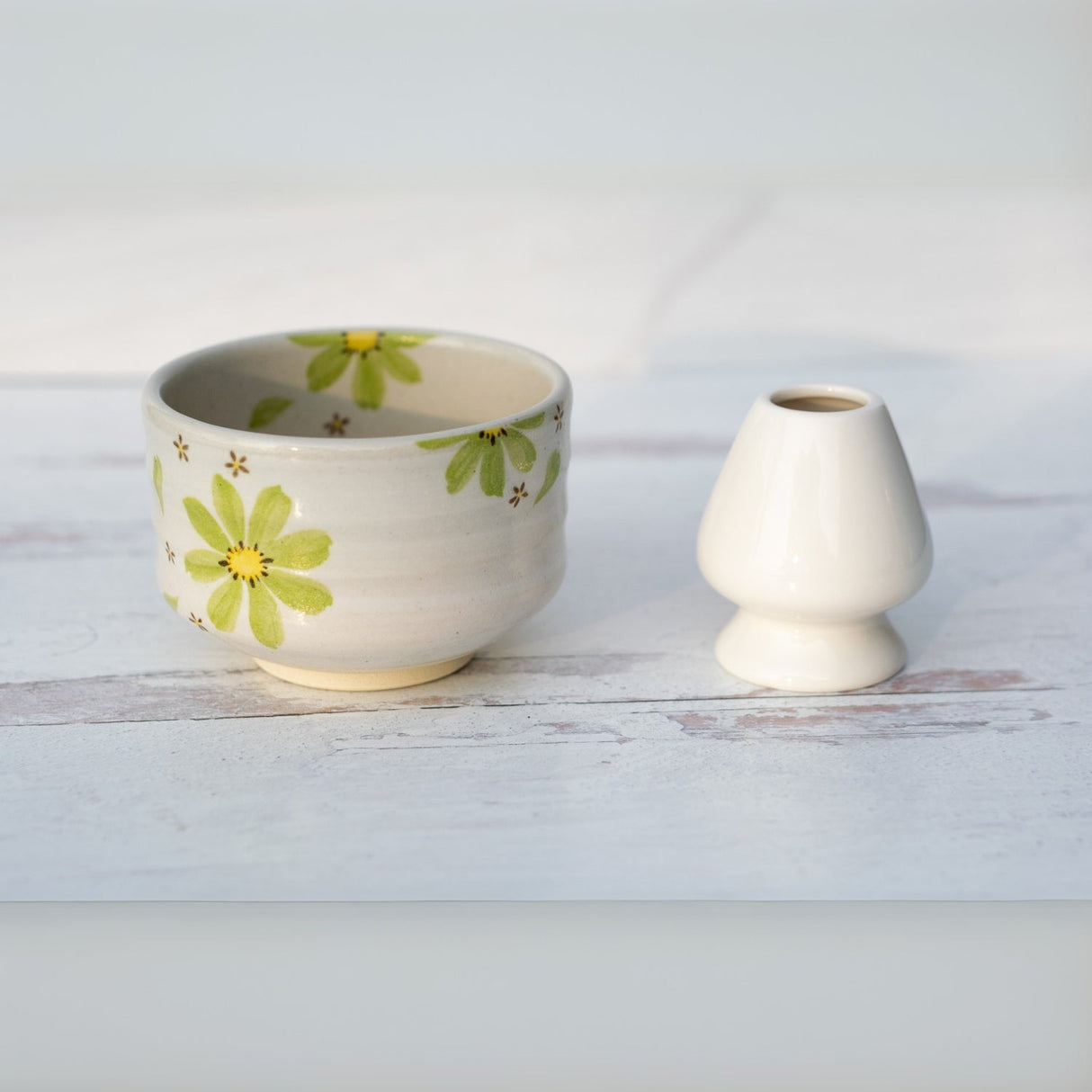 Green Flowers Ceramic Matcha Bowl, Bamboo Matcha Whisk, Whisk Holder & Organic Japanese Matcha Set