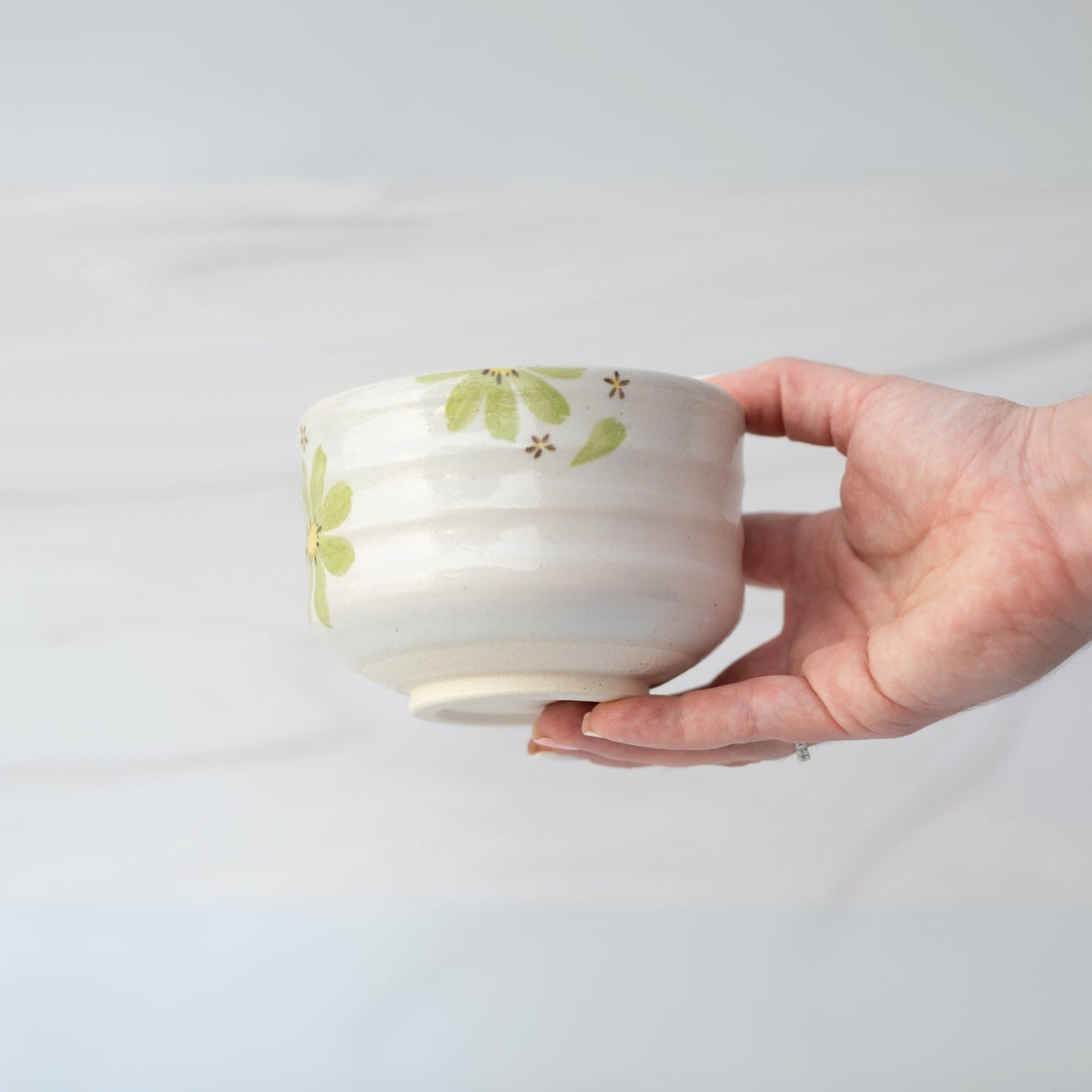 Green Flowers Ceramic Matcha Bowl, Bamboo Matcha Whisk, Whisk Holder & Organic Japanese Matcha Set