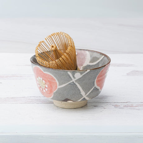 Gray with Flowers Ceramic Matcha Bowl - Sumiye Co
