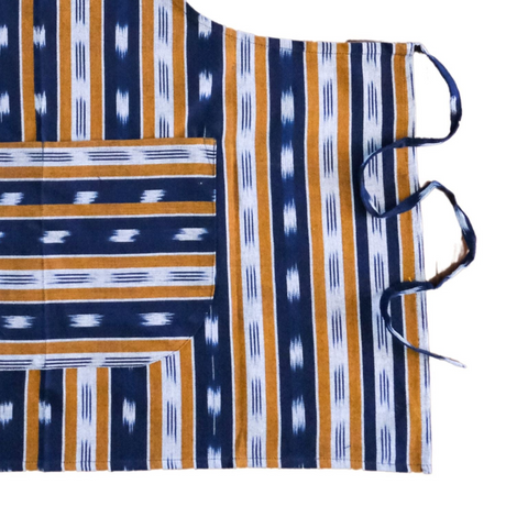 Striped fabric with blue, orange, and white pattern on a white background