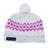 White knit beanie with pink and purple pattern and pom-pom on a white background