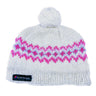 White knit beanie with pink and purple pattern and pom-pom on a white background