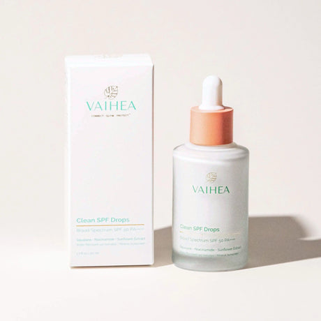 Vaihea Clean SPF Drops bottle and packaging on a light background
