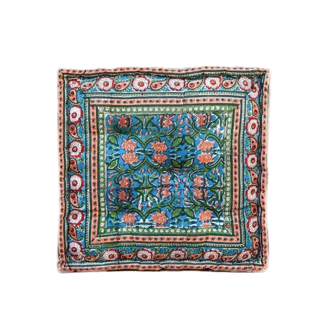 Decorative square pillow with floral pattern on a white background