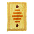 Yellow quilt with brown circular patterns on a white background
