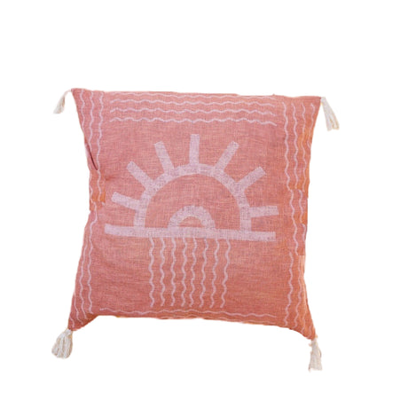 Decorative pillow with sun design on a white background