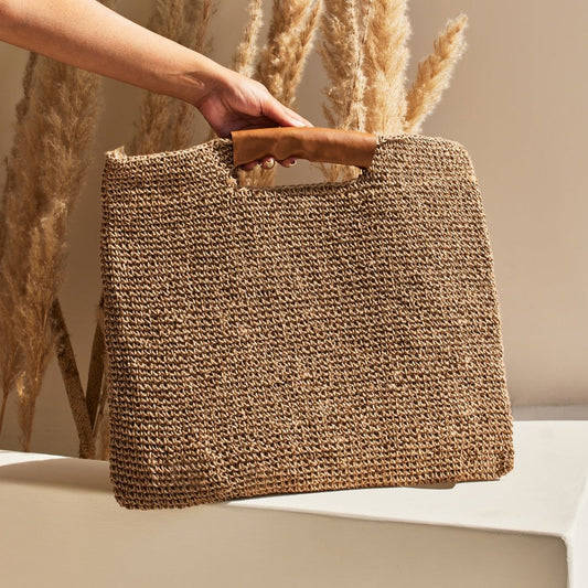 Boho Flat handbag with tan handles, 16x15.5 Inches by The Artisen