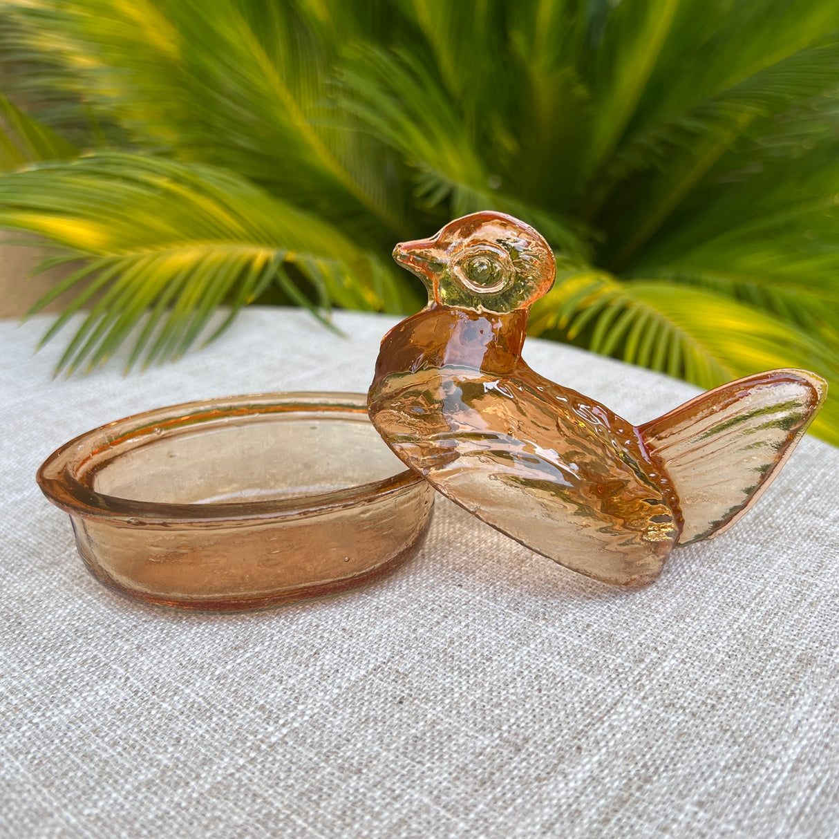Glass hen-shaped container on a textured surface with green foliage in the background