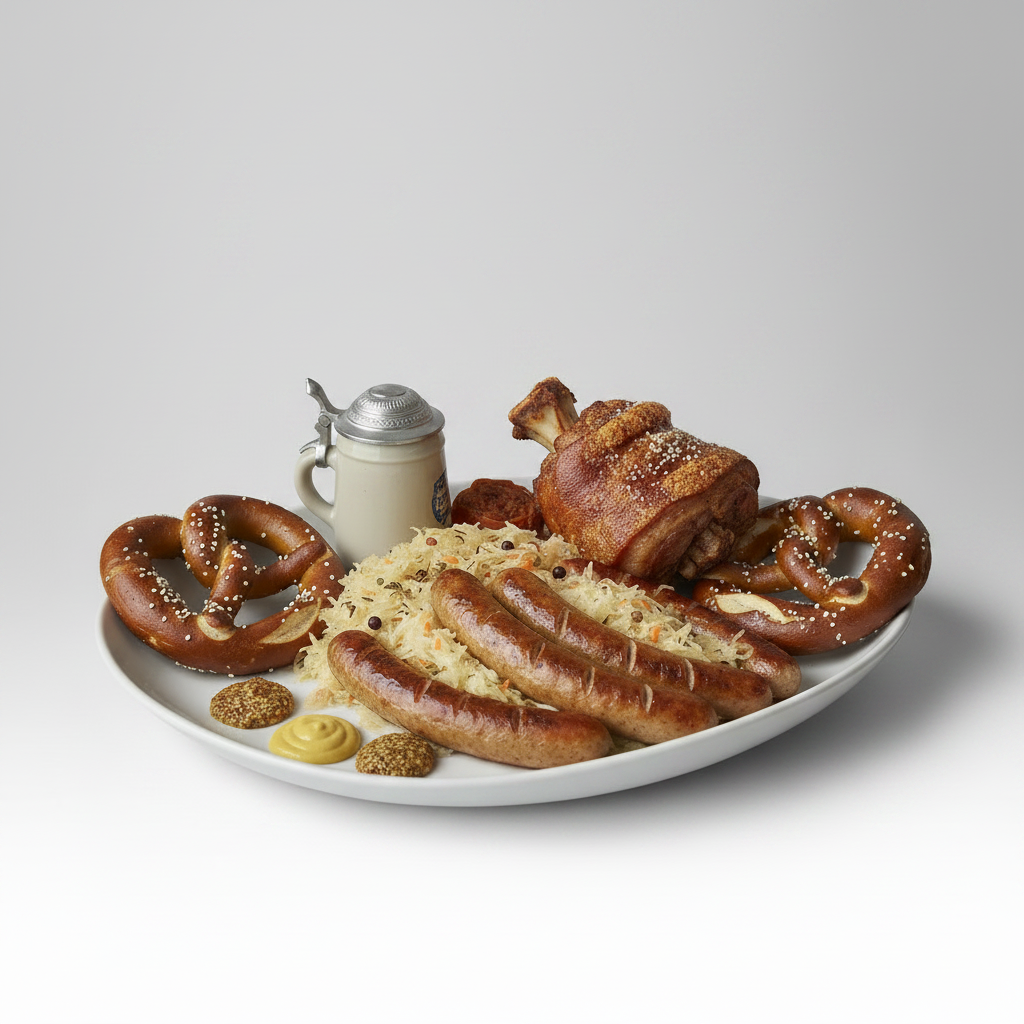 Platter of sausages, pretzels, and a stein held by a person against a neutral background