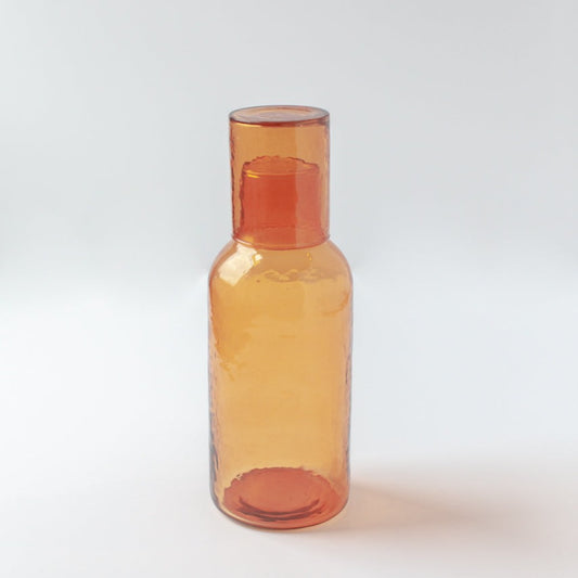 Handblown Carafe & Drinking Glass / Lid - Amber Recycled Glass