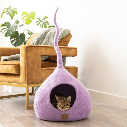 Deluxe Handcrafted Felt Cat Cave With Tail - Lilac Purple