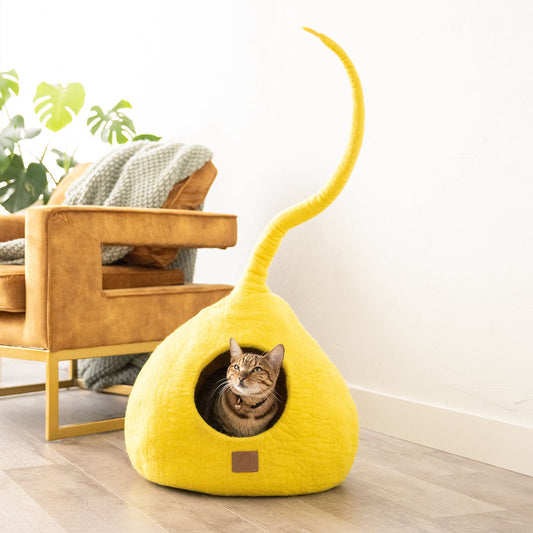 Deluxe Handcrafted Felt Cat Cave With Tail - Sunny Yellow