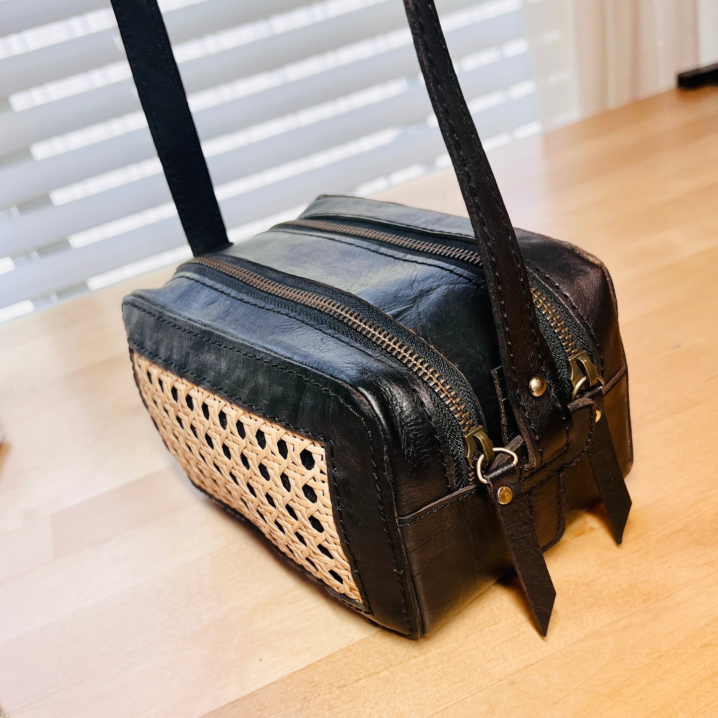 Handwoven Cane Crossbody Bag | Black