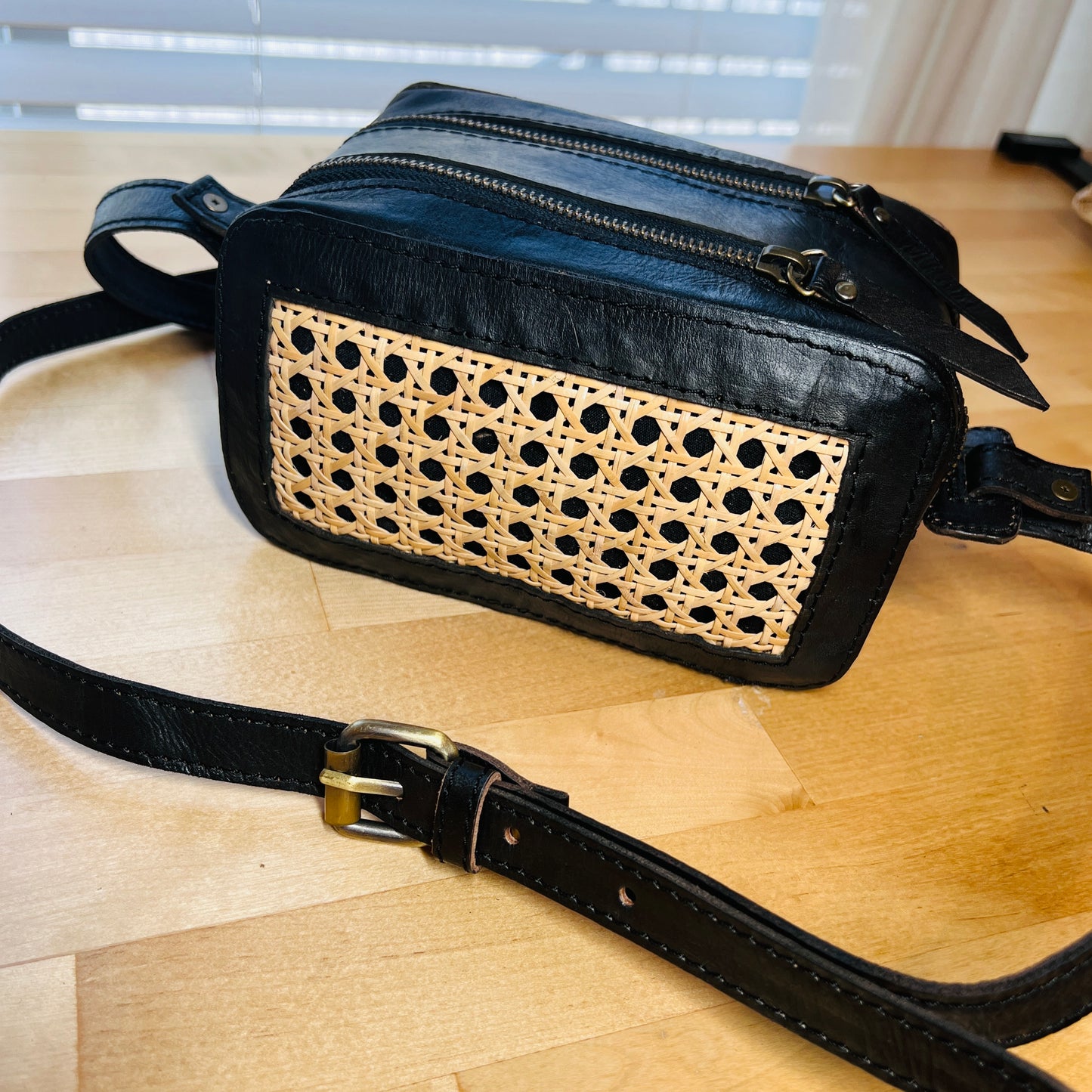 Handwoven Cane Crossbody Bag | Black