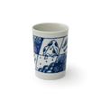 This exquisite blue and white ceramic cup, the Adorable Cat 1 Tea Cup, is a fine example of Mino-ware, showcasing a charming cat design set against a striking black background.