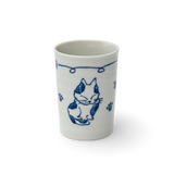 The Adorable Cat 3 Tea Cup is a white Mino-ware ceramic cup featuring blue cat illustrations and paw prints on a black background, reminiscent of Gifu Prefecture's traditional style. It holds 180ml (6oz.).