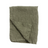 Folded green linen tea towel on a white background