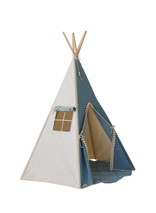 Teepee Tent “Jeans” with Pompoms + Round Mat Set